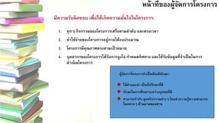12 
หน้าที่ของผู้จัดการโครงการ
มีความรับผิดชอบ เพื่อให้เกิดความมั่นใจในโครงการ: 
1.ทุกๆ กิจกรรมของโครงการเสร็จตามลาดับ และตรงเวลา 
2.ค่าใช้จ่ายของโครงการอยู่ภายใต้งบประมาณ 
3.โครงการมีคุณภาพตรงตามเป้าหมาย 
4.บุคลากรของโครงการได้รับการจูงใจ กาหนดทิศทาง และได้รับข้อมูลที่จาเป็นในการ ดาเนินโครงการ 
ผู้จัดการโครงการจาเป็นต้องมีทักษะ: 
ให้คาแนะนา เป็นที่ปรึกษาที่ดี 
ทักษะในการศึกษาระหว่างบุคคลที่ดี 
สามารถกากับ ดูแลกิจกรรมต่างๆ โดยนาความรู้ความสามารถ ในหลายๆ ด้านมาผสมผสาน  