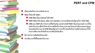 19 
PERT and CPMPERT CPM 
เป็นเทคนิคในการหาเครือข่ายงาน 
พัฒนาในช่วงปี 1950’s 
CPM พัฒนาโดย DuPont ในปี 1957 PERT พัฒนาโดย Booz, Allen และHamilton จากกองทัพของสหรัฐอเมริกา ในปี 1958 CPM และ PERT มีการวิเคราะห์ที่คล้ายกัน แตกต่างกันที่ PERT ต้องประมาณค่า 3 ครั้งใน แต่ละกิจกรรม เพื่อนาไปหาค่าทางสถิติเกี่ยวกับความคาดหวังและค่าเบี่ยงเบนมาตรฐาน ของแต่ละกิจกรรม แต่ CPM มีสมมติฐานว่าเวลาที่กาหนดในกิจกรรมมีค่าแน่นอน ทาให้ สามารถพิจารณาปัจจัยด้านเวลาเพียงปัจจัยเดียว 
พิจารณาความสัมพันธ์ก่อน-หลัง 
ประเมินเวลาที่ใช้ในแต่ละกิจกรรม  