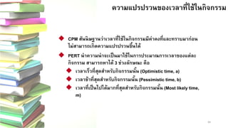 49 
ความแปรปรวนของเวลาที่ใช้ในกิจกรรม
CPM สันนิษฐานว่าเวลาที่ใช้ในกิจกรรมมีค่าคงที่และทราบมาก่อน ไม่สามารถเกิดความแปรปรวนขึ้นได้ PERT นาความน่าจะเป็นมาใช้ในการประมาณการเวลาของแต่ละ กิจกรรม สามารถหาได้ 3 ช่วงลักษณะ คือ เวลาเร็วที่สุดสาหรับกิจกรรมนั้น (Optimistic time, a) เวลาช้าที่สุดสาหรับกิจกรรมนั้น (Pessimistic time, b) เวลาที่เป็นไปได้มากที่สุดสาหรับกิจกรรมนั้น (Most likely time, m)  