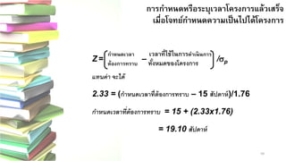 59 
การกาหนดหรือระบุเวลาโครงการแล้วเสร็จ เมื่อโจทย์กาหนดความเป็นไปได้โครงการ
Z= – /sp 
แทนค่า จะได้ 
2.33 = (กาหนดเวลาที่ต้องการทราบ–15 สัปดาห์)/1.76 
กาหนดเวลาที่ต้องการทราบ = 15 + (2.33x1.76) 
= 19.10 สัปดาห์ 
กาหนดเวลา เวลาที่ใช้ในการดาเนินการ ต้องการทราบ ทั้งหมดของโครงการ  