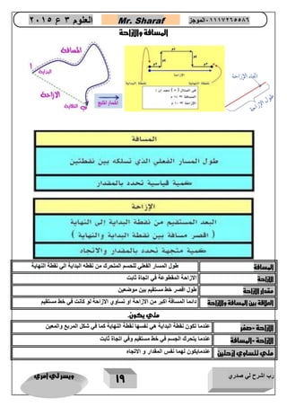 رب اشرح لي صدري ويسر لي امري 
19 
العلوم 3 ع 2651 Mr. Sharaf 65556201110 الموجز 
المسافة والازاحة 
المسافة طول المسار الفعلي للحسم المتحرك من نقطه البداية الي نقطة النهاية 
الازاحة الازاحة المقطوعة في اتجاة ثابت 
مقدار الازاحة طول اقصر خط مستقيم بين موضعين 
العلاقة بين المسافة والازاحة دائما المسافة اكبر من الازاحة او تساوي الازاحة لو كانت في خط مستقيم 
متي يكون. 
الازاحة =صفر عندما تكون نقطة البداية هي نفسها نقطة النهاية كما في شكل المربع والمعين 
الازاحة =المسافة عندما يتحرك الجسم في خط مستقيم وفي اتجاة ثابت 
متي تتساوي ازحتين عندماينون لهما نفس المقدار و اعتجاه 
 