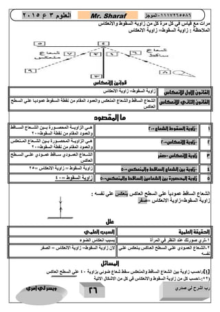 رب اشرح لي صدري ويسر لي امري 
26 
العلوم 3 ع 2651 Mr. Sharaf 65556201110 الموجز 
مرا 
ت مع قياس في كل مرة كل من زاوية السقوط والانعكاس 
الملاحظة : زاوية السقوط= زاوية الانعكاس 
قوانين الانعكاس 
القانون الاول للانعكاس زاوية السقوط= زاوية الانعكاس 
القانون الثاني للانعكاس الشعاع الساقط والشعاع المنعكس والعمود المقام من نقطة السوقوط عموديوا علوي السوطح 
العاكس 
ما المقصود 
1 زاوية السقوط الشعاع = 22 هووووي الزاويووووة المحصووووورة بووووين الشووووعاع السوووواقط - 
والعمود المقام من نقطة السقوط= 07 
2 زاوية الانعكاس= 22 هوووي الزاويوووة المحصوووورة بوووين الشوووعاع المووونعكس - 
والعمود المقام من نقطة السقوط= 07 
3 زاوية الانعكاس =صفر الشوووعاع العموووودي سووواقط عموووودي علوووي السوووطح 
العاكس 
- 4 زاوية بين الشعاع الساقط والمنعكس = 52 زاوية السقوط = زاوية الانعكاس = 04 
5 زاوية المحصورة بين الشعاعين الساقط والمنعكس= 52 زاوية السقوط = 47 
الشعاع الساقط عمودياً علي السطح العاكس ينعكس علي نفسه : 
زاوية السقوط=زاوية الانعكاس =صفر 
علل 
الحقيقة العلمية السبب العلمي 
2 تري صورتك عند النظر في المرأة بسبب انعكاس الضوء - 
0 الشووعاع العمووودي علووي السووطح العوواكس يوونعكس علووي - 
نفسه 
لان زاوية السقوط= زاوية الانعكاس = الصفر 
المسائل 
1(:.احسب زاوية بين الشعاع الساقط والمنعكس سقط شعاع ضوئي بزاوية 47 علي السطح العاكس ( 
0*: احسب كل من زاوية السقوط والانعكاس في كل من الاشكال الاتية - ( 
 