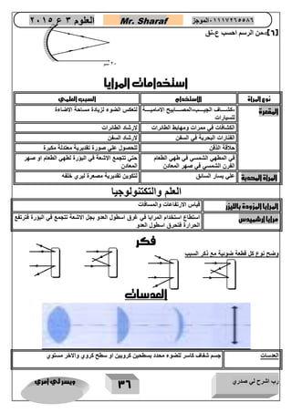 رب اشرح لي صدري ويسر لي امري 
36 
العلوم 3 ع 2651 Mr. Sharaf 65556201110 الموجز 
6(:-من الرسم احسب ع-نق ( 
استخدامات المرايا 
نوع المرأة الاستخدام السبب العلمي 
المقعرة -كشاااااااف الجيااااااب-المصااااااابيح الاماميااااااة 
للسيارات 
لتعكس الضوء لزيادة مساحة الاضاءة 
الكشافات في ممرات ومهابط الطائرات لارشاد الطائرات 
الفنارات البحرية في السفن لارشاد السفن 
حلاقة الذقن للحصول علي صورة تقديرية معتدلة مكبرة 
في المطهي الشمسي في طهي الطعام 
الفرن الشمسي في صهر المعادن 
حتي تتجمع الاشعة في البؤرة لطهي الطعام او صهر 
المعادن 
المرأة المحدبة علي يسار السائق لتكوين تقديرية مصعرة ليري خلفه 
العلم والتكتنولوجيا 
المرايا المزودة بالليزر قياس الارتفاعات والمسافات 
مرايا ارشميدس استطاع استخدام المرايا في غرق اسطول العدو بجل الاشعة تتجمع في البؤرة فترتفع 
الحرارة فتحرق اسطول العدو 
فكر 
وضح نوع كل قطعة ضوئية مع ذكر السبب 
العدسات 
العدسات جسم شفاف كاسر للضوء محدد بسطحين كرويين او سطح كروي والاخر مستوي 
21 سم 
 
