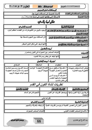 رب اشرح لي صدري ويسر لي امري 
44 
العلوم 3 ع 2651 Mr. Sharaf 65556201110 الموجز 
المسافات في النجوم 
وحدة قياس المسافات في الفضاء السنة الضوئية لان المسافات كبيرة جد ا 
1212* السنة الضوئية المسافة التي يقطعها الضوء في السنة = 0.40 
علل لما ياتي 
الحقيقة العلمية السبب العلمي 
1 رغررم وجررود بلايررين مررن النجرروم لكنهررا لا تكفرري - 
لاضاءة النجوم 
لوجود بلايين من الكليومترات من الفضاء المظلم البارد 
2 تقدر المسافات بين النجوم بالسنة الضوئية وليس - 
بالكليومترات 
لان المسافات بين النجوم شاسعة جد ا 
3 تسمية مجرة درب التبانة بهذا الاسم لانها توجد علي شكل التبن المبعثر - 
تمدد الكون 
التعريف التباعد المستمر بين المجرات في الكون باستمرار 
السبب لانها تبتعد عن بعض بسرعة الضوء 
تجربة : تمدد الكون 
الادوات الخطوات الملاحظة الاستتاج 
بعااض الماااء بعااض حبيبااات - 
الدقيق الزبيب الخميرة - - 
1 اخلااااااط الاااااادقيق مااااااع - 
الخمياااارة لعماااال عجينااااة 
بالماء الدفئ 
2 اضاااااف الزبياااااب الاااااي - 
العجينااة واتركهااا تتخماار 
في مكان مناسب 
انتفاااااع العجينااااة لتباعااااد 
حبيبات الزبيب 
تماااااادد الكااااااون بساااااابب تباعااااااد 
المجاااارات مثاااال تماااادد العجينااااة 
بسبب تباعد حبيبات الزبيب 
نطريات نشاة الكون في القدم 
المصريين والبابليين الاغريق والرومان الهنود والصين 
الربط بين ازلية الكون والهة 
المتعددة 
ووصعوا نظريات عن الكون التنجيم كان هو السائد 
علل لما ياتي 
الحقيقة العلمية السبب العلمي 
1 تصور الكون في العصور القديمة لم يؤسس نظريات علمية لارتباطه بالخرفة والتنجيم - 
2 الاتساع المستمر للفضاء الكوني للتباعد المستمر للمجرات - 
 