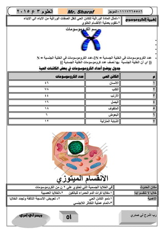 رب اشرح لي صدري ويسر لي امري 
51 
العلوم 3 ع 2651 Mr. Sharaf 65556201110 الموجز 
اهمية الكروموسوم 1 تمثل المادة الوراثية للكائن الحي لنقل الصفات الوراثية من الاباء الي الابناء - 
2 تقوم بعملية الانقسام الخلوي - 
رسم الكروموسومات 
- 
- 
- 
- 
- عدد النروموسوماع في الخلية الجسدية = 2N عدد النروموسوماع في الخلية الجنسية = - N 
)) اي أن الخلية الجنسية بها نصف عدد نروموسوماع الخلية الجسدية (( 
جدول يوضح أعداد الكروموسومات في بعض الكائنات الحية 
م الكائن الحى عدد الكروموسومات 
5 اعنسان 00 
2 النلب 61 
3 الأرنب 00 
0 البصل 50 
1 الملفوف 51 
0 البعوض 0 
6 الذبابة المنزلية 52 
الانقسام الميتوزي 
مكان الحدوث في الخلايا الجسمية التي تحتوي علي 2 ن من الكروموسومات 
خلايا لا تنقسم ابدا 1 خلايا كرات الدم الحمراء للبالغين 2 الخلايا العصبية - - 
الاهمية 1 نمو الكائن الحي 2 تعويض الانسجة التالفة وتجدد الخلايا - - 
3 اتمام عملية التكاثر اللاجنسي - 
 