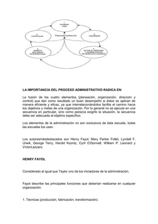 LA IMPORTANCIA DEL PROCESO ADMINISTRATIVO RADICA EN: 
La fusión de los cuatro elementos (planeación, organización, dirección y 
control) que dan como resultado un buen desempeño si éstos se aplican de 
manera eficiente y eficaz, ya que interrelacionándolos facilita el camino hacia 
los objetivos y metas de una organización. Por lo general no se ejecuta en una 
secuencia en particular, sino como parezca exigirlo la situación, la secuencia 
debe ser adecuada al objetivo específico. 
Los elementos de la administración no son exclusivos de ésta escuela, todas 
las escuelas los usan. 
Los autoresmásdestacados son Henry Fayol, Mary Parker Follet, Lyndall F. 
Urwik, George Terry, Harold Koontz, Cyril O’Donnell, William P. Leonard y 
VíctorLazzaro. 
HENRY FAYOL 
Considerado al igual que Taylor uno de los iniciadores de la administración. 
Fayol describe las principales funciones que deberían realizarse en cualquier 
organización: 
1. Técnicas (producción, fabricación, transformación). 
 
