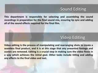 Sound Editing 
This department is responsible for selecting and assembling the sound 
recordings in preparation for the final sound mix, ensuring lip sync and adding 
all of the sound effects required for the final film. 
Video Editing 
Video editing is the process of manipulating and rearranging shots to create a 
seamless final product, and it is at this stage that any unwanted footage and 
scenes are removed. Editing is a crucial step in making sure the video flows in 
a way which achieves the initial goal. Other tasks include titling and adding 
any effects to the final video and text. 
 