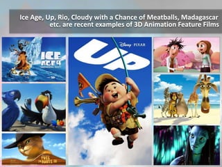 Ice Age, Up, Rio, Cloudy with a Chance of Meatballs, Madagascar 
etc. are recent examples of 3D Animation Feature Films 
 