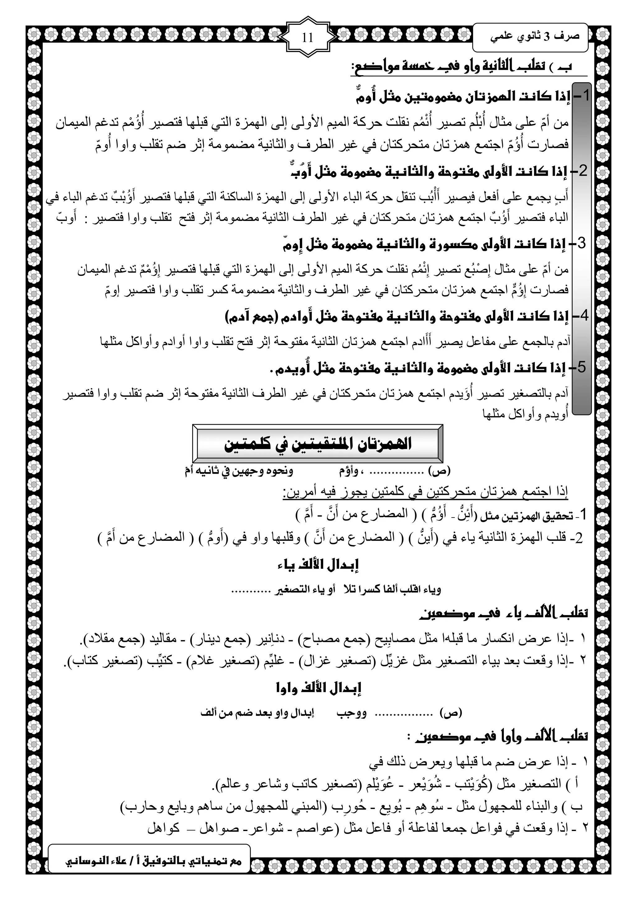 ) 
صشف 3 صب ىٔ ػ 11 
طعػتطظغاتيػباضتوسغقػأػ/ػرلاءػاضظوداظي 
ب ( تقلب الثانية واو في خمسة مواضع: 
1 -ػإذاػصاظتػاضؼطزتانػطضطوطتغنػطثلػأُومٌّػ 
أ ػ ٍٝ ؼِخي أُرْ طص ١ش أُثْ مٔ ضٍ كشوش ح ١ٌّ حلأٚ ٌٝ ا ٌٝ ح ٌٙ ضّس ح ظٌٟ لز ٍٙخ فظص ١ش أُإُ طذا ح ١ٌّ خّ فصخسص أُإُ حؿظ غّ ضّ٘طخ ظِلشوظخ فٟ ا ١ش ح طٌشف ٚح ؼٌخ ١ٔش عِ ّٛ شِ اػش ظ طم ذٍ ٚحٚح أُٚ 2 -ػإذاػصاظتػالأوضىػطغتوحظػواضثاظغظػطضطوطظػطثلػأَوُبٌّػ 
أَدٍ ٠ـ غّ ػ ٍٝ أفؼ ف ١ص ١ش أَأْرُذ ط مٕ كشوش ح زٌخء حلأٚ ٌٝ ا ٌٝ ح ٌٙ ضّس ح غٌخو شٕ ح ظٌٟ لز ٍٙخ فظص ١ش أَإُرْذٌ طذا ح زٌخء فٟ 
ح زٌخء فظص ١ش أَإُدٌ حؿظ غّ ضّ٘طخ ظِلشوظخ فٟ ا ١ش ح طٌشف ح ؼٌخ ١ٔش عِ ّٛ شِ اػش فظق طم ذٍ ٚحٚح فظص ١ش : أَٚدّ 
3 -ػإذاػصاظتػالأوضىػطصدورةػواضثاظغظػطضطوطظػطثلػإِومّػ 
أ ػ ٍٝ ؼِخي اِصْزُغ طص ١ش اِثْ مٔ ضٍ كشوش ح ١ٌّ حلأٚ ٌٝ ا ٌٝ ح ٌٙ ضّس ح ظٌٟ لز ٍٙخ فظص ١ش اِإُ طذا ح ١ٌّ خّ فصخسص اِإُ حؿظ غّ ضّ٘طخ ظِلشوظخ فٟ ا ١ش ح طٌشف ٚح ؼٌخ ١ٔش عِ ّٛ شِ وغش طم ذٍ ٚحٚح فظص ١ش اٚ 4 -ػإذاػصاظتػالأوضىػطغتوحظػواضثاظغظػطغتوحظػطثلػأَوادمػ)جطعػآدم(ػ 
آد رخ ـٌ غّ ػ ٍٝ فِخػ ٠ص ١ش أَأَحد حؿظ غّ ضّ٘طخ ح ؼٌخ ١ٔش فِظٛكش اػش فظق طم ذٍ ٚحٚح أٚحد ٚأٚحو ؼِ ٍٙخ 
ػ 5 -ػإذاػصاظتػالأوضىػطضطوطظػواضثاظغظػطغتوحظػطثلػأُوغدمػ.ػػ 
آد رخ ظٌصغ ١ش طص ١ش أُإَ ٠ذ حؿظ غّ ضّ٘طخ ظِلشوظخ فٟ ا ١ش ح طٌشف ح ؼٌخ ١ٔش فِظٛكش اػش ظ طم ذٍ ٚحٚح فظص ١ش 
أُٚ ٠ذ ٚأٚحو ؼِ ٍٙخ 
الهمزتان الملتقيتين في كلمتين 
)ص( ............... ، أٔؤُ نٔح جٔ يّن في ثا أُ إذا اجتمع همزتان متحركتين في كلمتين يجوز فيه أمرين: 
1- تحك لٗ الهىضتين وجن )أَثِ - أَإُ ( ) ح عٌّخسع أَ - أَ ( 
2- ل ذٍ ح ٌٙ ضّس ح ؼٌخ ١ٔش ٠خء فٟ )أَ ٠ ( ) ح عٌّخسع أَ ( ٚل زٍٙخ ٚحٚ فٟ )أَٚ ( ) ح عٌّخسع أَ ( 
إبدالػالأضفػغاءػػ 
أٖٞ اقمب ألفا كظشا تلا أ اٖٞ التصػير ........... 
تقلب الألف ياء في موضعين 
ٔ - ارح ػشض ح ىٔغخس خِ لز حٍٗ ؼِ صِخرِ ١ق )ؿ غّ صِزخف( - د خِٔ ١ٔش )ؿ غّ د ٠ خٕس( - مِخ ١ٌذ )ؿ غّ مِلاد(. 
ٕ - ارح ٚلؼض رؼذ ر ١خء ح ظٌصغ ١ش ؼِ اض ٠ِّ )طصغ ١ش اضحي( - ا ١ٍِّ )طصغ ١ش الا (َ - وظ ١ِّذ )طصغ ١ش وظخد(. 
إبدالػالأضفػواواػػ 
)ص( ................ جٔٔب إبذاه أ بعذ ضي و ألف 
تقلب الألف واوا في موضعين : 
ٔ - ارح ػشض ظ خِ لز ٍٙخ ٚ ٠ؼشض ر هٌ فٟ 
أ ( ح ظٌصغ ١ش ؼِ )وَُٛ ٠ْظذ - شَُٛ ٠ْؼش - ػَُٛ ٠ْ )طصغ ١ش وخطذ ٚشخػش ٚػخ (ٌُ. 
د ( ٚح زٌ خٕء ـٌٍّٙٛي ؼِ - عُٛ - رُٛ ٠ِغ - كُٛسِد )ح زٌّ ٟٕ ـٌٍّٙٛي عخ ٚرخ ٠غ ٚكخسد( 
ٕ - ارح ٚلؼض فٟ فٛحػ ؿ ؼّخ فٌخػ شٍ أٚ فخػ ؼِ )ػٛحص - شٛحػش- صٛح – وٛح  