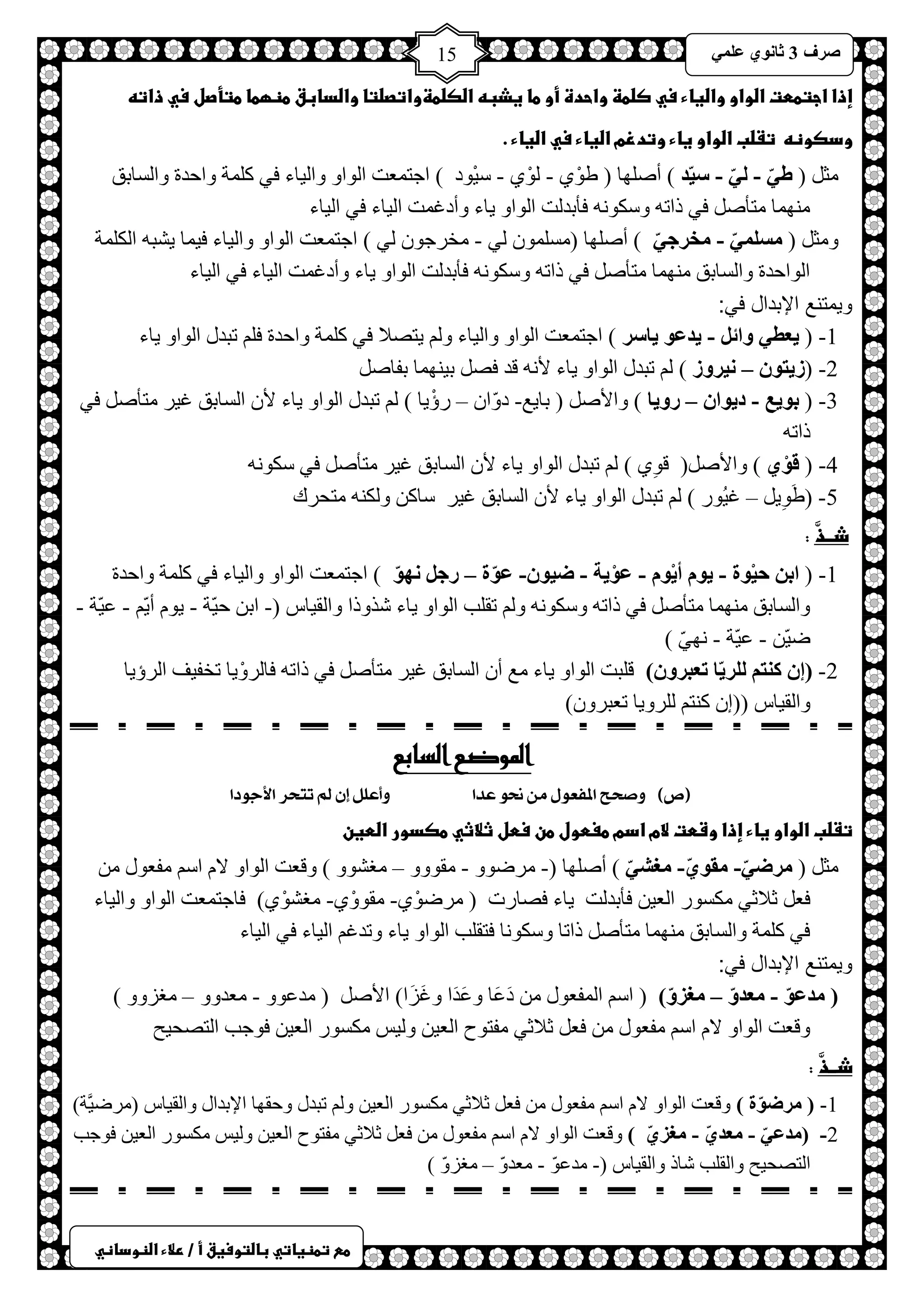 ) 
صشف 3 صب ىٔ ػ 15 
طعػتطظغاتيػباضتوسغقػأػ/ػرلاءػاضظوداظي 
إذاػاجتططتػاضواوػواضغاءػسيػصضطظػواحدةػأوػطاػغذبهػاضصضطظواتصضتاػواضدابقػطظؼطاػطتأصلػسيػذاتهػ 
ودصوظهػػتػضبػاضواوػغاءػوتدزمػاضغاءػسيػاضغاءػ.ػػ 
ؼِ ) ط - - س ذُّ ( أصٍٙخ ) غْٛٞ - ٌْٛٞ - ع ١ْٛد ( حؿظ ؼّض ح ٌٛحٚ ٚح ١ٌخء فٟ و شٍّ ٚحكذس ٚح غٌخرك 
ِٕٙ خّ ظِؤص فٟ رحط ٚعىٛ فؤرذ ضٌ ح ٌٛحٚ ٠خء ٚأدا ضّ ح ١ٌخء فٟ ح ١ٌخء 
ٚ ؼِ ) سِ - خِشع ( أصٍٙخ ) غِ ٍّٛ ٌٟ - خِشؿٛ ٌٟ ( حؿظ ؼّض ح ٌٛحٚ ٚح ١ٌخء ف ١ خّ ٠شز ح ىٌ شٍّ 
ح ٌٛحكذس ٚح غٌخرك ِٕٙ خّ ظِؤص فٟ رحط ٚعىٛ فؤرذ ضٌ ح ٌٛحٚ ٠خء ٚأدا ضّ ح ١ٌخء فٟ ح ١ٌخء 
ويمتنع الإبدال في: 
1- ) ؼَط وائ - ذَػى بَسش ( حؿظ ؼّض ح ٌٛحٚ ٚح ١ٌخء ٚ ٠ظصلا فٟ و شٍّ ٚحكذس ف طزذي ح ٌٛحٚ ٠خء 
2 - )ص زَى – شُٔوص ( طزذي ح ٌٛحٚ ٠خء لأ لذ فص ر ١ ٕٙ خّ رفخص 3 - ) ثى غَ - د ىَا – سو بَ ( ٚحلأص ) رخ ٠غ- دّٚح – سإْ ٠خ ( طزذي ح ٌٛحٚ ٠خء لأ ح غٌخرك ا ١ش ظِؤص فٟ 
رحط 4- ) لىْ ( ٚحلأص )ً لِٛٞ ( طزذي ح ٌٛحٚ ٠خء لأ ح غٌخرك ا ١ش ظِؤص فٟ عىٛ 5- )غَِٛ ٠ – ا ١ُٛس ( طزذي ح ٌٛحٚ ٠خء لأ ح غٌخرك ا ١ش عخو ٚ ىٌ ظِلشن 
ذــذَّ : 
1- ) اث ح ىُْح - ىَ أ ىَْ - ػىْ خَ - ض ىُ -ْ ػىّح – سع هٔىّ ( حؿظ ؼّض ح ٌٛحٚ ٚح ١ٌخء فٟ و شٍّ ٚحكذس 
ٚح غٌخرك ِٕٙ خّ ظِؤص فٟ رحط ٚعىٛ ٚ طم ذٍ ح ٌٛحٚ ٠خء شزٚرح ٚح مٌ ١خط )- حر ك ١ّش - ٠ٛ أ ٠ّ - ػ ١ّش - 
ظ ١ّ - ػ ١ّش - ّٟٙٔ ( 
2- )إ و زٕ شٌٍ بَّ رؼجشو (ْ ل زٍض ح ٌٛحٚ ٠خء غِ أ ح غٌخرك ا ١ش ظِؤص فٟ رحط فخ شٌْٚ ٠خ طخف ١ف ح شٌإ ٠خ 
ٚح مٌ ١خط ))ا و ظٕ شٌٍٚ ٠خ طؼزشٚ (ْ 
الموضع السابع 
)ص( صٔخح المفع هٕ و نح عذا أٔعمن إ لم تتخش الأج دٕا 
تػضبػاضواوػغاءػإذاػوشطتػلامػادمػطغطولػطنػسطلػثلاثيػطصدورػاضطغنػػ 
ؼِ ) شِض -ٍ مِى -ٌ غِش ( أصٍٙخ )- شِظٛٚ - مِٛٚٚ – غِشٛٚ ( ٚلؼض ح ٌٛحٚ لا حع فِؼٛي فؼ ػلاػٟ ىِغٛس ح ؼٌ ١ فؤرذ ضٌ ٠خء فصخسص ) شِظْٛٞ- مِْٛٚٞ- غِشْٛٞ( فخؿظ ؼّض ح ٌٛحٚ ٚح ١ٌخء 
فٟ و شٍّ ٚح غٌخرك ِٕٙ خّ ظِؤص رحطخ ٚعىٛ خٔ فظم ذٍ ح ٌٛحٚ ٠خء ٚطذا ح ١ٌخء فٟ ح ١ٌخء 
ويمتنع الإبدال في: 
) ذِػىّ - ؼِذوّ – غِضوّ ( ) حع ح فٌّؼٛي دَػَخ ٚػَذَح ٚاَضَح( حلأص ) ذِػٛٚ - ؼِذٚٚ – غِضٚٚ ( 
ٚلؼض ح ٌٛحٚ لا حع فِؼٛي فؼ ػلاػٟ فِظٛف ح ؼٌ ١ ٚ ١ٌظ ىِغٛس ح ؼٌ ١ فٛؿذ ح ظٌصل ١ق 
ذــذَّ : 
1- ) شِضىّح ( ٚلؼض ح ٌٛحٚ لا حع فِؼٛي فؼ ػلاػٟ ىِغٛس ح ؼٌ ١ ٚ طزذي ٚكمٙخ حلإرذحي ٚح مٌ ١خط ) شِظ ١َّش( 
2- ) ذِػ - ؼِذ - غِض ( ٚلؼض ح ٌٛحٚ لا حع فِؼٛي فؼ ػلاػٟ فِظٛف ح ؼٌ ١ ٚ ١ٌظ ىِغٛس ح ؼٌ ١ فٛؿذ 
ح ظٌصل ١ق ٚح مٌ ذٍ شخر ٚح مٌ ١خط )- ذِػّٛ - ؼِذّٚ – غِضّٚ ( 
 