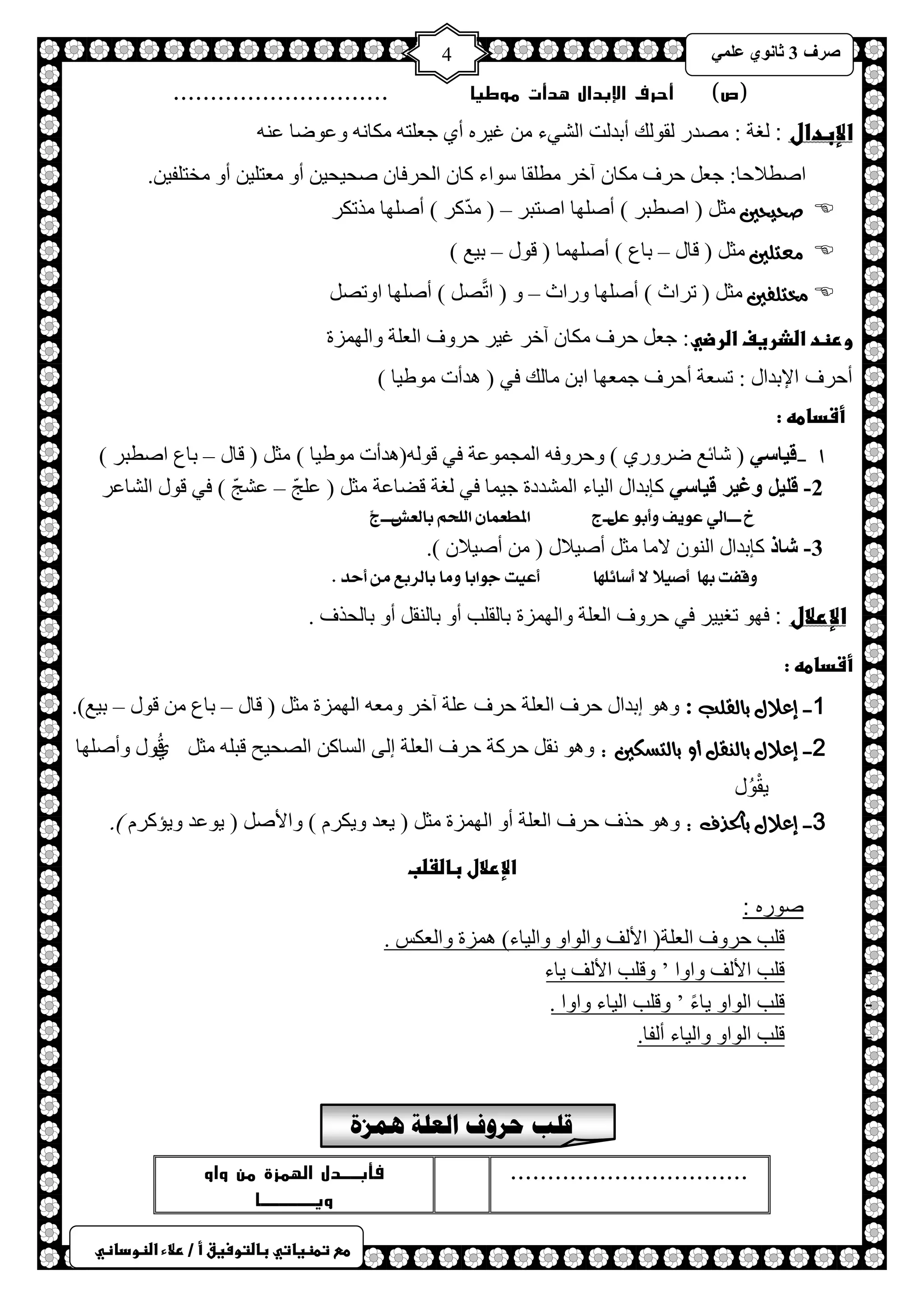 ) 
صشف 3 صب ىٔ ػ 4 
طعػتطظغاتيػباضتوسغقػأػ/ػرلاءػاضظوداظي 
)ص( أحرف الإبدال هدأت موطيا ............................. 
الإبدال : لغة : صِذس مٌٛ هٌ أرذ ضٌ ح شٌٟء ا ١ش أٞ ؿؼ ظٍ ىِخ ٚػٛظخ ػ .ٓ اصطلاحا: ؿؼ كشف ىِخ آخش طِ مٍخ عٛحء وخ ح لٌشفخ صل ١ل ١ أٚ ؼِظ ١ٍ أٚ خِظ فٍ ١ 
 صحيحين ؼِ ) حصطزش ( أصٍٙخ حصظزش – ) ذِّوش ( أصٍٙخ زِطىش 
 معتلين ؼِ ) لخي – رخع ( أصٍٙ خّ ) لٛي – ر ١غ ( 
 مختلفين ؼِ ) طشحع ( أصٍٙخ ٚسحع – ٚ ) حطَّص ( أصٍٙخ حٚطص ورظدػاضذرغفػاضرضي: ؿؼ كشف ىِخ آخش ا ١ش كشٚف ح ؼٌ شٍ ٚح ٌٙ ضّس 
أحرف الإبدال : طغؼش أكشف ؿ ؼّٙخ حر خِ هٌ فٟ ) ذ٘أص ِٛغ ١خ ( 
ػػأشداطهػ:ػػ 
1 - ق اٌس ) شخثغ ظشٚسٞ ( ٚكشٚف ح ـٌّ ّٛػش فٟ لٛ )ٌٗ ذ٘أص ِٛغ ١خ ( ؼِ ) لخي – رخع حصطزش ( 
2- قل لٌ وغ رٌ ق اٌس وبرذحي ح ١ٌخء ح شٌّذدس ؿ ١ خّ فٟ غٌش لعخػش ؼِ ) ػ ؾٍّ – ػشؾّ ( فٟ لٛي ح شٌخػش 
خ ــــال ع فٕٖ أٔب ع ـ نــج المطعىا المخي بالع ـ ؽــــجِّ 
3- شاذ وبرذحي ح ٌٕٛ لا خِ ؼِ أص ١لاي ) أص ١لا (. 
قٔفت ب اّ أص لٗا لا أطاٟم اّ أع تٗ ج إبا ؤا بالشبع و أحذ . 
الإرلال : فٙٛ طغ ١١ ش فٟ كشٚف ح ؼٌ شٍ ٚح ٌٙ ضّس رخ مٌ ذٍ أٚ رخ مٌٕ أٚ رخ لٌزف . 
أشداطهػ:ػػ 
1- إعلال بالقلب : ٚ ٛ٘ ارذحي كشف ح ؼٌ شٍ كشف ػ شٍ آخش ٚ ؼِ ح ٌٙ ضّس ؼِ ) لخي – رخع لٛي – ر ١غ(. 
2- إعلال بالهقل أو بالتطكين : ٚ ٛ٘ مٔ كشوش كشف ح ؼٌ شٍ ا ٌٝ ح غٌخو حصٌل ١ق لز ؼِ ل ُٞٛي ٚأصٍٙخ 
٠مُْٛي 
3- إعلال بالحرف : ٚ ٛ٘ كزف كشف ح ؼٌ شٍ أٚ ح ٌٙ ضّس ؼِ ) ٠ؼذ ٚ ٠ىش ( ٚحلأص ) ٠ٛػذ ٚ ٠ئوش (. 
الإرلالػباضػضبػػ 
صوره : 
- ل ذٍ كشٚف ح ؼٌ شٍ) حلأ فٌ ٚح ٌٛحٚ ٚح ١ٌخء( ضّ٘س ٚح ؼٌىظ . 
- ل ذٍ حلأ فٌ ٚحٚح ‘ ٚل ذٍ حلأ فٌ ٠خء 
- ل ذٍ ح ٌٛحٚ ٠خءً ‘ ٚل ذٍ ح ١ٌخء ٚحٚح . 
- ل ذٍ ح ٌٛحٚ ٚح ١ٌخء أ فٌخ. 
ػ 
قلب حروف العلة همزة 
................................ 
فأبــدل الهمزة من واو 
ويــــــا 
 