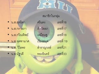 สมาชิกในกลุ่ม 
• น.ส.สุทธิดา ศรีแดง เลขที่16 
• น.ส.กราลภา สีหวัลลภ เลขที่17 
• น.ส.กวิณทิพย์ เหมือนชู เลขที่18 
• น.ส.จุตฑามาศ เวียงสมุด เลขที่ 19 
• น.ส. วิไลพร สาราญวงษ์ เลขที่21 
• น.ส.นัฐวดี ทองอินทร์ เลขที่33 
