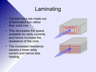 Laminating 
● Transformers are made out 
of laminated iron rather 
than solid iron. 
● This decreases the space 
available for eddy currents 
and hence increase the 
resistance of the core. 
● The increased resistance 
causes a lower eddy 
current and hence less 
heating. 
 