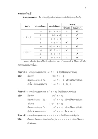 8 
สาระการเรียนรู้ 
คาตอบของสมการ คือ จานวนที่แทนตัวแปรในสมการแล้วทาให้สมการเป็นจริง 
สมการ ค่าของตัวแปร แทนค่าตัวแปร 
สมการ 
เป็นจริง ไม่เป็นจริง 
x - 9 = -3 
-2 (-3 ) - 9  -3 -  
0 0 - 9  -3 -  
3 3 - 9  -3 -  
6 6 - 9 = -3  - 
y + 5 = 1 
-6 (-6 ) + 5  1 -  
-4 (-4 ) + 5 = 1  - 
2 2 + 5  1 -  
6 6 + 5  1 -  
จากตารางข้างต้น จานวนที่นาไปแทนตัวแปร x และ y ในสมการแล้วทาให้สมการเป็นจริง 
คือคาตอบของสมการนั่นเอง 
ตัวอย่างที่1 จงหาคาตอบของสมการ a + 7 = 2 โดยวิธีลองแทนค่าตัวแปร 
วิธีทา เนื่องจาก (-9)+ 7 = 2 
เมื่อแทน a ด้วย -9 ใน a + 7 = 2 แล้วจะได้สมการเป็นจริง 
ดังนัน้ คาตอบของสมการ a + 7 = 2 คือ -9 
ตัวอย่างที่ 2 จงหาคาตอบของสมการ b 2- 4 = 12 โดยวิธีลองแทนค่าตัวแปร 
วิธีทา เนื่องจาก (4) 2- 4 = 12 
เมื่อแทน b ด้วย 4 ใน b 2- 4 = 12 แล้วจะได้สมการเป็นจริง 
เนื่องจาก ( 4) 4 12 2    
เมื่อแทน b ด้วย -4 ใน b 2- 4 = 12 แล้วจะได้สมการเป็นจริง 
ดังนัน้ คาตอบของสมการ b 2- 4 = 12 คือ 4 และ -4 
ตัวอย่างที่ 3 จงหาคาตอบของสมการ c + 5 = 5 + c โดยวิธีลองแทนค่าตัวแปร 
วิธีทา เนื่องจาก เมื่อแทน c ด้วยจานวนใดๆ ใน c + 5 = 5 + c แล้วจะได้สมการ 
เป็นจริงเสมอ 
 