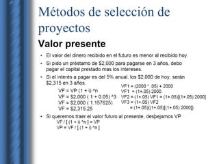 Métodos de selección de 
proyectos 
Valor presente 
 