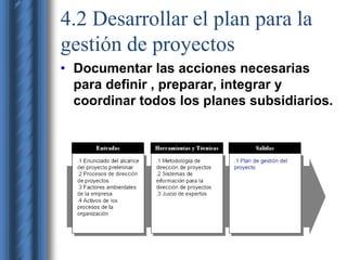 4.2 Desarrollar el plan para la 
gestión de proyectos 
• Documentar las acciones necesarias 
para definir , preparar, integrar y 
coordinar todos los planes subsidiarios. 
 