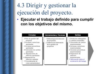 4.3 Dirigir y gestionar la 
ejecución del proyecto. 
• Ejecutar el trabajo definido para cumplir 
con los objetivos del mismo. 
 