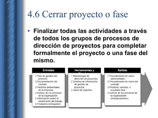4.6 Cerrar proyecto o fase 
• Finalizar todas las actividades a través 
de todos los grupos de procesos de 
dirección de proyectos para completar 
formalmente el proyecto o una fase del 
mismo. 
 