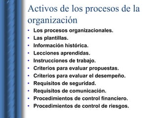 Activos de los procesos de la 
organización 
• Los procesos organizacionales. 
• Las plantillas. 
• Información histórica. 
• Lecciones aprendidas. 
• Instrucciones de trabajo. 
• Criterios para evaluar propuestas. 
• Criterios para evaluar el desempeño. 
• Requisitos de seguridad. 
• Requisitos de comunicación. 
• Procedimientos de control financiero. 
• Procedimientos de control de riesgos. 
 