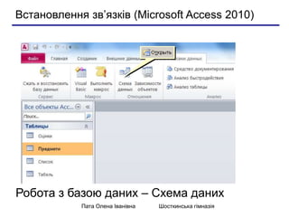 Встановлення зв’язків (Microsoft Access 2010) 
Робота з базою даних – Схема даних 
Пата Олена Іванівна Шосткинська гімназі...