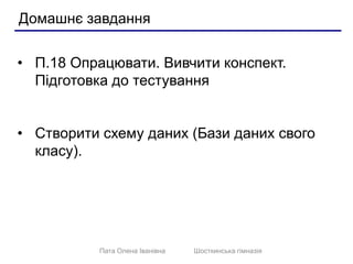 Домашнє завдання 
• П.18 Опрацювати. Вивчити конспект. 
Підготовка до тестування 
• Створити схему даних (Бази даних свого...