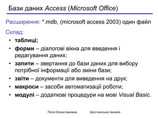 Бази даних Access (Microsoft Office) 
Расширення: *.mdb, (microsoft access 2003) один файл 
Склад: 
• таблиці; 
• форми – ...