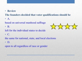 • Review 
The founders decided that voter qualifications should be 
• A. 
based on universal manhood suffrage 
• B. 
left for the individual states to decide 
• C. 
the same for national, state, and local elections 
• D. 
open to all regardless of race or gender 
 