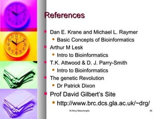 RReeffeerreenncceess 
 DDaann EE.. KKrraannee aanndd MMiicchhaaeell LL.. RRaayymmeerr 
 BBaassiicc CCoonncceeppttss ooff BBiiooiinnffoorrmmaattiiccss 
 AArrtthhuurr MM LLeesskk 
 IInnttrroo ttoo BBiiooiinnffoorrmmaattiiccss 
 TT..KK.. AAttttwwoooodd && DD.. J.. PPaarrrryy--SSmmiitthh 
 IInnttrroo ttoo BBiiooiinnffoorrmmaattiiccss 
 TThhee ggeenneettiicc RReevvoolluuttiioonn 
 DDrr PPaattrriicckk DDiixxoonn 
 PPrrooff DDaavviidd GGiillbbeerrtt’’ss SSiittee 
hhttttpp::////wwwwww..bbrrcc..ddccss..ggllaa..aacc..uukk//~~ddrrgg// 
MM..AAllrrooyy MMaassccrreenngghhee 5588 
 