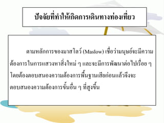 ตามหลักการของมาสโลว์ (Maslow) เชื่อว่ามนุษย์จะมีความ 
ต้องการในการแสวงหาสิ่งใหม่ ๆ และจะมีการพัฒนาต่อไปเรื่อย ๆ 
โดยต้องตอบสนองความต้องการพื้นฐานเสียก่อนแล้วจึงจะ 
ตอบสนองความต้องการขั้นอื่น ๆ ที่สูงขึ้น ปัจจัยที่ทาให้เกิดการเดินทางท่องเที่ยว  