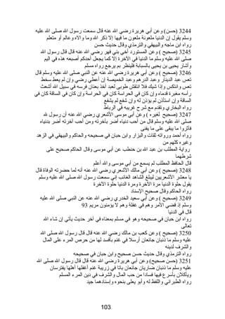 3244 (حسن) وعن أبي هريرة رضي ال عنه قال سمعت رسول ال صلى ال عليه 
وسلم يقول إن الدنيا ملعونة ملعون ما فيها إل ذكر ال وما واله وعالم أو متعلم 
رواه ابن ماجه والبيهقي والترمذي وقال حديث حسن 
3245 (صحيح ) وعن المستورد أخي بني فهر رضي ال عنه قال قال رسول ال 
صلى ال عليه وسلم ما الدنيا في الخرة إل كما يجعل أحدكم أصبعه هذه في اليم 
وأشار يحيى بن يحيى بالسبابة فلينظر بم يرجع رواه مسلم 
3246 (صحيح ) وعن أبي هريرة رضي ال عنه عن النبي صلى ال عليه وسلم قال 
تعس عبد الدينار وعبد الدرهم وعبد الخميصة إن أعطي رضي وإن لم يعط سخط 
تعس وانتكس وإذا شيك فل انتقش طوبى لعبد أخذ بعنان فرسه في سبيل ال أشعث 
رأسه مغبرة قدماه وإن كان في الحراسة كان في الحراسة وإن كان في الساقة كان في 
الساقة وإن استأذن لم يؤذن له وإن شفع لم يشفع 
رواه البخاري وتقدم  مع شرح غريبه في الرباط 
3247 (صحيح لغيره ) وعن أبي موسى الشعري رضي ال عنه أن رسول ل 
صلى ال عليه وسلم قال من أحب دنياه أضر بآخرته ومن أحب آخرته أضر بدنياه 
فآثروا ما يبقى على ما يفنى 
رواه أحمد ورواته ثقات والبزار وابن حبان في صحيحه والحاكم والبيهقي في الزهد 
وغيره كلهم من 
رواية المطلب بن عبد ال بن حنطب عن أبي موسى وقال الحاكم صحيح على 
شرطهما 
قال الحافظ المطلب لم يسمع من أبي موسى وال أعلم 
3248 (صحيح ) وعن أبي مالك الشعري رضي ال عنه أنه لما حضرته الوفاة قال 
يا معشر الشعريين ليبلغ الشاهد الغائب إني سمعت رسول ال صلى ال عليه وسلم 
يقول حلوة الدنيا مرة الخرة ومرة الدنيا حلوة الخرة 
رواه الحاكم وقال صحيح السناد 
3249 (صحيح ) وعن أبي سعيد الخدري رضي ال عنه عن النبي صلى ال عليه 
وسلم إذ قضي المر وهم في غفلة وهم ل يؤمنون مريم 93 
قال في الدنيا 
رواه ابن حبان في صحيحه وهو في مسلم بمعناه في آخر حديث يأتي إن شاء ال 
تعالى 
3250 (صحيح ) وعن كعب بن مالك رضي ال عنه قال قال رسول ال صلى ال 
عليه وسلم ما ذئبان جائعان أرسل في غنم بأفسد لها من حرص المرء على المال 
والشرف لدينه 
رواه الترمذي وقال حديث حسن صحيح وابن حبان في صحيحه 
3251 (حسن صحيح) وعن أبي هريرة رضي ال عنه قال قال رسول ال صلى ال 
عليه وسلم ما ذئبان ضاريان جائعان باتا في زريبة غنم أغفلها أهلها يفترسان 
ويأكلن بأسرع فيها فسادا من حب المال والشرف في دين المرء المسلم 
رواه الطبراني واللفظ له وأبو يعلى بنحوه وإسنادهما جيد 
103 
 