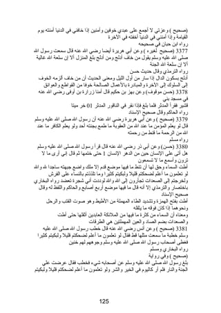 (صحيح ) وعزتي ل أجمع على عبدي خوفين وأمنين إذا خافني في الدنيا أمنته يوم 
القيامة وإذا أمنني في الدنيا أخفته في الخرة 
رواه ابن حبان في صحيحه 
3377 (صحيح لغيره ) وعن أبي هريرة أيضا رضي ال عنه قال سمعت رسول ال 
صلى ال عليه وسلم يقول من خاف أدلج ومن أدلج بلغ المنزل أل إن سلعة ال غالية 
أل إن سلعة ال الجنة 
رواه الترمذي وقال حديث حسن 
أدلج بسكون الدال إذا سار من أول الليل ومعنى الحديث أن من خاف ألزمه الخوف 
إلى السلوك إلى الخرة والمبادرة بالعمال الصالحة خوفا من القواطع والعوائق 
3378 (حسن موقوف) وعن بهز بن حكيم قال أمنا زرارة بن أوفى رضي ال عنه 
في مسجد بني 
قشير فقرأ المدثر فلما بلغ فإذا نقر في الناقور المدثر 01 خر ميتا 
رواه الحاكم وقال صحيح السناد 
3379 (صحيح ) وعن أبي هريرة رضي ال عنه أن رسول ال صلى ال عليه وسلم 
قال لو يعلم المؤمن ما عند ال من العقوبة ما طمع بجنته أحد ولو يعلم الكافر ما عند 
ال من الرحمة ما قنط من رحمته 
رواه مسلم 
3380 (حسن) وعن أبي ذر رضي ال عنه قال قرأ رسول ال صلى ال عليه وسلم 
هل أتى على النسان حين من الدهر النسان 1 حتى ختمها ثم قال إني أرى ما ل 
ترون وأسمع ما ل تسمعون 
أطت السماء وحق لها أن تئط ما فيها موضع قدم إل ملك واضع جبهته ساجدا ل وال 
لو تعلمون ما أعلم لضحكتم قليل ولبكيتم كثيرا وما تلذذتم بالنساء على الفرش 
ولخرجتم إلى الصعدات تجأرون إلى ال وال لوددت أني شجرة تعضد رواه البخاري 
باختصار والترمذي إل أنه قال ما فيها موضع أربع أصابع والحاكم واللفظ له وقال 
صحيح السناد 
أطت بفتح الهمزة وتشديد الطاء المهملة من الطيط وهو صوت القتب والرحل 
ونحوهما إذا كان فوقه ما يثقله 
ومعناه أن السماء من كثرة ما فيها من الملئكة العابدين أثقلها حتى أطت 
والصعدات بضم الصاد والعين المهملتين هي الطرقات 
3381 (صحيح ) وعن أنس رضي ال عنه قال خطب رسول ال صلى ال عليه 
وسلم خطبة ما سمعت مثلها قط فقال لو تعلمون ما أعلم لضحكتم قليل ولبكيتم كثيرا 
فغطى أصحاب رسول ال صلى ال عليه وسلم وجوههم لهم خنين 
رواه البخاري ومسلم 
(صحيح ) وفي رواية 
بلغ رسول ال صلى ال عليه وسلم عن أصحابه شيء فخطب فقال عرضت علي 
الجنة والنار فلم أر كاليوم في الخير والشر ولو تعلمون ما أعلم لضحكتم قليل ولبكيتم 
125 
 