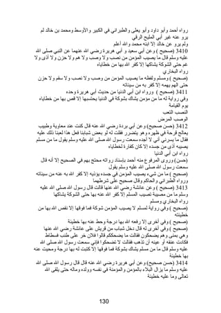 رواه أحمد وأبو داود وأبو يعلى والطبراني في الكبير والوسط ومحمد بن خالد لم 
يرو عنه غير أبي المليح الرقي 
ولم يرو عن خالد إل ابنه محمد وال أعلم 
3410 (صحيح ) وعن أبي سعيد و أبي هريرة رضي ال عنهما عن النبي صلى ال 
عليه وسلم قال ما يصيب المؤمن من نصب ول وصب ول هم ول حزن ول أذى ول 
غم حتى الشوكة يشاكها إل كفر ال بها من خطاياه 
رواه البخاري 
(صحيح ) ومسلم ولفظه ما يصيب المؤمن من وصب ول نصب ول سقم ول حزن 
حتى الهم يهمه إل كفر به من سيئاته 
3411 (صحيح ) ورواه ابن أبي الدنيا من حديث أبي هريرة وحده 
وفي رواية له ما من مؤمن يشاك بشوكة في الدنيا يحتسبها إل قص بها من خطاياه 
يوم القيامة 
النصب التعب 
الوصب المرض 
3412 (حسن صحيح) وعن أبي بردة رضي ال عنه قال كنت عند معاوية وطبيب 
يعالج قرحة في ظهره وهو يتضرر فقلت له لو بعض شبابنا فعل هذا لعبنا ذلك عليه 
فقال ما يسرني أني ل أجده سمعت رسول ال صلى ال عليه وسلم يقول ما من مسلم 
يصيبه أذى من جسده إل كان كفارة لخطاياه 
رواه ابن أبي الدنيا 
(حسن) وروى المرفوع منه أحمد بإسناد رواته محتج بهم في الصحيح إل أنه قال 
سمعت رسول ال صلى ال عليه وسلم يقول 
(صحيح ) ما من شيء يصيب المؤمن في جسده يؤذيه إل كفر ال به عنه من سيئاته 
ورواه الطبراني والحاكم وقال صحيح على شرطهما 
3413 (صحيح ) وعن عائشة رضي ال عنها قالت قال رسول ال صلى ال عليه 
وسلم ما من مصيبة تصيب المسلم إل كفر ال عنه بها حتى الشوكة يشاكها 
رواه البخاري ومسلم 
(صحيح ) وفي رواية لمسلم ل يصيب المؤمن شوكة فما فوقها إل نقص ال بها من 
خطيئته 
(صحيح ) وفي أخرى إل رفعه ال بها درجة وحط عنه بها خطيئة 
(صحيح ) وفي أخرى له قال دخل شباب من قريش على عائشة رضي ال عنها 
وهي بمنى وهم يضحكون فقالت ما يضحككم قالوا فلن خر على طنب فسطاط 
فكادت عنقه أو عينه أن تذهب فقالت ل تضحكوا فإني سمعت رسول ال صلى ال 
عليه وسلم قال ما من مسلم يشاك بشوكة فما فوقها إل كتبت له بها درجة ومحيت عنه 
بها خطيئة 
3414 (حسن صحيح) وعن أبي هريرة رضي ال عنه قال قال رسول ال صلى ال 
عليه وسلم ما يزال البلء بالمؤمن والمؤمنة في نفسه وولده وماله حتى يلقى ال 
تعالى وما عليه خطيئة 
130 
 