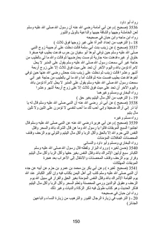 رواه أبو داود 
3536 (صحيح ) وعن أبي أمامة رضي ال عنه أن رسول ال صلى ال عليه وسلم 
لعن الخامشة وجهها والشاقة جيبها والداعية بالويل والثبور 
رواه ابن ماجه وابن حبان في صحيحه 
18 ـ ( الترهيب من إحداد المرأة على غير زوجها فوق ثلث  ) 
3537 (صحيح ) عن زينب بنت أبي سلمة قالت دخلت على أم حبيبة زوج النبي 
صلى ال عليه وسلم حين توفي أبوها أبو سفيان بن حرب فدعت بطيب فيه صفرة 
خلوق أو غيره فدهنت منه جارية ثم مست بعارضيها ثم قالت وال ما لي بالطيب من 
حاجة غير أني سمعت رسول ال صلى ال عليه وسلم يقول على المنبر ل يحل 
لمرأة تؤمن بال واليوم الخر أن تحد على ميت فوق ثلث  إل على زوج أربعة 
أشهر وعشرا قالت زينب ثم دخلت على زينب بنت جحش رضي ال عنها حين توفي 
أخوها فدعت بطيب فمست منه ثم قالت أما وال ما لي بالطيب من حاجة غير أني 
سمعت رسول ال صلى ال عليه وسلم يقول على المنبر ل يحل لمرأة تؤمن بال 
واليوم الخر أن تحد على ميت فوق ثلث  إل على زوج أربعة أشهر وعشرا 
رواه البخاري ومسلم وغيرهما 
19 ـ ( الترهيب من أكل مال اليتيم بغير حق ) 
3538 (صحيح ) عن أبي ذر رضي ال عنه أن النبي صلى ال عليه وسلم قال له يا 
أبا ذر إني أراك ضعيفا وإني أحب لك ما أحب لنفسي ل تؤمرن على اثنين ول تلين 
مال يتيم 
رواه مسلم وغيره 
3539 (صحيح ) وعن أبي هريرة رضي ال عنه عن النبي صلى ال عليه وسلم قال 
اجتنبوا السبع الموبقات قالوا يا رسول ال وما هن قال الشرك بال والسحر وقتل 
النفس التي حرم ال إل بالحق وأكل الربا وأكل مال اليتيم والتولي يوم الزحف وقذف 
المحصنات الغافلت المؤمنات 
رواه البخاري ومسلم وأبو داود والنسائي 
3540 (حسن لغيره ) ورواه البزار ولفظه قال رسول ال صلى ال عليه وسلم 
الكبائر سبع أولهن الشراك بال وقتل النفس بغير حقها وأكل الربا وأكل مال اليتيم 
وفرار يوم الزحف وقذف المحصنات والنتقال إلى العراب بعد هجرة 
الموبقات المهلكات 
3541 (صحيح لغيره ) وعن أبي بكر بن محمد بن عمرو بن حزم عن أبيه عن جده 
أن النبي صلى ال عليه وسلم كتب إلى أهل اليمن بكتاب فيه وإن أكبر الكبائر عند ال 
يوم القيامة الشراك بال وقتل النفس المؤمنة بغير الحق والفرار في سبيل ال يوم 
الزحف وعقوق الوالدين ورمي المحصنة وتعلم السحر وأكل الربا وأكل مال اليتيم 
فذكر الحديث وهو كتاب طويل فيه ذكر الزكاة والديات وغير ذلك 
رواه ابن حبان في صحيحه 
20 ـ ( الترغيب في زيارة الرجال القبور والترهيب من زيارة النساء واتباعهن 
الجنائز) 
150 
 