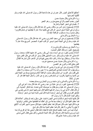 أعناقها كأعناق الجزرض قال عمران إن هذه لناعمة قال رضسول ال صلى ال عليه وسلم 
أكلتها أنعم منها 
رضواه الترمذي وقال حديث حسن 
الجزرض بضم الجيم والزاي جمع جزورض وهو البعير 
7 ـ فصل في شجر الجنة وثمارضها 
3725 (صحيح ) عن أنس بن مالك رضضي ال عنه قال قال رضسول ال صلى ال عليه 
وسلم إن في الجنة شجرة يسير الراكب في ظلها مائة عام ل يقطعها إن شئتم فاقرؤوا 
13 وظل ممدود وماء مسكوب الواقعة 03 
رضواه البخارضي والترمذي 
3726 (صحيح ) وعن أبي سعيد الخدرضي رضضي ال عنه قال قال رضسول ال صلى 
ال عليه وسلم إن في الجنة شجرة يسير الراكب الجواد المضمر السريع مائة عام ل 
يقطعها 
رضواه البخارضي ومسلم والترمذي وزاد 
(صحيح لغيره ) وذلك الظل الممدود 
3727 (حسن لغيره ) وعن أسماء بنت أبي بكر رضضي ال عنهما قالت سمعت رضسول 
ال صلى ال عليه وسلم وذكر سدرضة المنتهى فقال يسير الراكب في ظل الفنن منها 
مائة سنة أو يستظل بها مائة رضاكب شك يحيى فيها فراش الذهب كأن ثمارضها القلل 
رضواه الترمذي وقال حديث حسن صحيح غريب 
الفنن بفتح الفاء والنون هو الغصن 
3728 (حسن) وعن أبي هريرة رضضي ال عنه قال قال رضسول ال صلى ال عليه 
وسلم يقول ال أعددت لعبادي الصالحين ما ل عين رضأت ول أذن سمعت ول خطر 
على قلب بشر اقرؤوا إن شئتم وظل ممدود الواقعة 03 وموضع سوط من الجنة خير 
من الدنيا وما فيها واقرؤوا إن شئتم فمن زحزح عن النارض وأدخل الجنة فقد فاز آل 
عمران 581 
رضواه الترمذي والنسائي وابن ماجه ورضوى البخارضي ومسلم بعضه 
3729 (صحيح لغيره ) وعن عتبة بن عبد رضضي ال عنه قال جاء أعرابي إلى 
رضسول ال صلى ال عليه وسلم فقال ما حوضك الذي تحدث  عنه فذكر الحديث إلى 
أن قال فقال العرابي يا رضسول ال فيها فاكهة قال نعم وفيها شجرة تدعى طوبى هي 
تطابق الفردوس فقال أي شجر أرضضنا تشبه قال ليس تشبه شيئا من شجر أرضضك 
ولكن أتيت الشام قال ل يا رضسول ال 
قال فإنها تشبه شجرة بالشام تدعى الجوزة تنبت على ساق واحد ثم ينتشر أعلها قال 
فما عظم أهلها قال لو ارضتحلت جذعة من إبل أهلك لما قطعتها حتى تنكسر ترقوتها 
هرما قال فيها عنب قال نعم قال فما عظم العنقود منها قال مسيرة شهر للغراب البقع 
ل يقع ول ينثني ول يفتر قال فما عظم الحبة منه قال هل ذبح 
أبوك تيسا من غنمه عظيما فسلخ إهابه فأعطاه أمك فقال ادبغي هذا ثم افري لنا منه 
ذنوبا يروي ماشيتنا قال نعم قال فإن تلك الحبة تشبعني وأهل بيتي فقال النبي صلى 
ال عليه وسلم وعامة عشيرتك 
195 
 