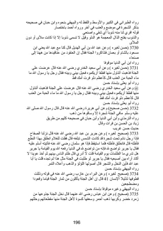 رضواه الطبراني في الكبير والوسط واللفظ له والبيهقي بنحوه وابن حبان في صحيحه 
بذكر الشجرة في موضع والعنب في آخر ورضواه أحمد باختصارض 
قوله افري لنا منه ذنوبا أي شقي واصنعي 
والذنوب بفتح الذال المعجمة هو الدلو وقيل ل تسمى ذنوبا إل إذا كانت ملى أو دون 
الملى 
3730 (حسن لغيره ) وعن عبد ال بن أبي الهديل قال كنا مع عبد ال يعني ابن 
مسعود بالشام أو بعمان فتذاكروا الجنة فقال إن العنقود من عناقيدها من ههنا إلى 
صنعاء 
رضواه ابن أبي الدنيا موقوفا 
3731 (حسن لغيره ) وعن أبي سعيد الخدرضي رضضي ال عنه قال عرضت علي 
الجنة فذهبت أتناول منها قطفا أرضيكموه فحيل بيني وبينه فقال رضجل يا رضسول ال ما 
ماء الحبة من العنب قال كأعظم دلو فرت أمك قط 
رضواه أبو يعلى بإسناد حسن 
@ وعن أبي سعيد الخدرضي رضضي ال عنه قال عرضت علي الجنة فذهبت أتناول 
منها قطفا أرضيكموه فحيل بيني وبينه فقال رضجل يا رضسول ال ما ماء الحبة من العنب 
قال كأعظم دلو فرت أمك قط 
رضواه أبو يعلى بإسناد حسن 
3732 (حسن صحيح) وعن أبي هريرة رضضي ال عنه قال قال رضسول ال صلى ال 
عليه وسلم مافي الجنة شجرة إل وساقوها من ذهب 
رضواه الترمذي وأبن أبي الدنيا وأبن حبان في صحيحه كلهم من طريق 
زياد بن الحسن بن فرات وقال 
حديث حسن غريب 
3733 (صحيح لغيره ) وعن جرير بن عبد ال رضضي ال عنه قال نزلنا الصفاح 
فإذا رضجل نائم تحت شجرة قد كادت الشمس تبلغه قال فقلت للغلم انطلق بهذا النطع 
فأظله قال فانطلق فأظله فلما استيقظ فإذا هو سلمان رضضي ال عنه فأتيته أسلم عليه 
فقال يا جرير تواضع ل فإنه من تواضع ل في الدنيا رضفعه ال يوم القيامة يا جرير 
هل تدرضي ما الظلمات يوم القيامة قلت ل أدرضي قال ظلم الناس بينهم ثم أخذ عويدا ل 
أكاد أرضاه بين أصبعيه فقال يا جرير لو طلبت في الجنة مثل هذا لم تجده قلت يا أبا 
عبد ال فأين النخل والشجر قال أصولها اللؤلؤ والذهب وأعله التمر 
رضواه البيهقي بإسناد حسن 
3734 (صحيح لغيره ) وعن البراء بن عازب رضضي ال عنه في قوله وذللت 
قطوفها تذليل النسان 41 قال إن أهل الجنة يأكلون من ثمارض الجنة قياما وقعودا 
ومضطجعين 
رضواه البيهقي وغيره موقوفا بإسناد حسن 
3735 (صحيح ) وعن ابن عباس رضضي ال عنهما قال نخل الجنة جذوعها من 
زمرد خضر وكربها ذهب أحمر وسعفها كسوة لهل الجنة منها مقطعاتهم وحللهم 
196 
 