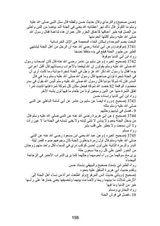 (حسن صحيح) والترمذي وقال حديث حسن ولفظه قال سئل النبي صلى ال عليه 
وسلم ما الكوثر قال ذاك نهر أعطانيه ال يعني في الجنة أشد بياضا من اللبن وأحلى 
من العسل فيه طير أعناقها كأعناق الجزرض قال عمران هذه لناعمة فقال رضسول ال 
صلى ال عليه وسلم أكلتها أنعم منها 
البخت بضم الموحدة وإسكان الخاء المعجمة هي البل الخراسانية 
3741 (موقوف) وعن أبي أمامة رضضي ال عنه أن الرجل من أهل الجنة ليشتهي 
الطير من طيورض الجنة فيقع في يده منفلقا نضجا 
رضواه ابن أبي الدنيا موقوفا 
3742 (صحيح لغيره ) وعن سليم بن عامر رضضي ال عنه قال كان أصحاب رضسول 
ال صلى ال عليه وسلم يقولون إن ال لينفعنا بالعراب ومسائلهم قال أقبل أعرابي 
يوما فقال يا رضسول ال ذكر ال عز وجل في الجنة شجرة مؤذية وما كنت أرضى أن 
في الجنة شجرة تؤذي صاحبها قال رضسول ال صلى ال عليه وسلم وما هي قال 
السدرض فإن له شوكا مؤذيا قال رضسول ال صلى ال عليه وسلم أليس ال يقول في سدرض 
مخضود الواقعة 82 خضد ال شوكه فجعل مكان كل شوكة ثمرة فإنها لتنبت ثمرا 
تفتق الثمرة منها عن اثنين وسبعين لونا من طعام ما فيها لون يشبه الخر 
رضواه ابن أبي الدنيا وإسناده حسن 
3743 (صحيح ) ورضواه أيضا عن سليم بن عامر عن أبي أمامة الباهلي عن النبي 
صلى ال عليه وسلم مثله 
9 ـ فصل في ثيابهم وحللهم 
3744 (صحيح ) عن أبي هريرة رضضي ال عنه عن النبي صلى ال عليه وسلم قال 
من يدخل الجنة ينعم ول يبأس ل تبلى ثيابه ول يفنى شبابه في الجنة ما ل عين رضأت 
ول أذن سمعت ول خطر على قلب بشر 
رضواه مسلم 
3745 (صحيح لغيره ) وعن عبد ال يعني ابن مسعود رضضي ال عنه عن النبي 
صلى ال عليه وسلم قال أول زمرة يدخلون الجنة كأن وجوههم ضوء القمر ليلة 
البدرض والزمرة الثانية على لون أحسن كوكب درضي في السماء لكل واحد منهم زوجتان 
من الحورض العين على كل زوجة سبعون حلة 
يرى مخ سوقهما من ورضاء لحومهما وحللهما كما يرى الشراب الحمر في الزجاجة 
البيضاء 
رضواه الطبراني بإسناد صحيح والبيهقي بإسناد حسن 
وتقدم حديث أبي هريرة المتفق عليه بنحوه 
(صحيح ) ويأتي حديث أنس المرفوع ولو اطلعت امرأة من نساء أهل الجنة إلى 
الرضض لملت ما بينهما رضيحا ولضاءت بينهما ولنصيفها يعني خمارضها على رضأسها 
خير من الدنيا وما فيها 
رضواه البخارضي ومسلم 
10 ـ فصل في فرش الجنة 
198 
 