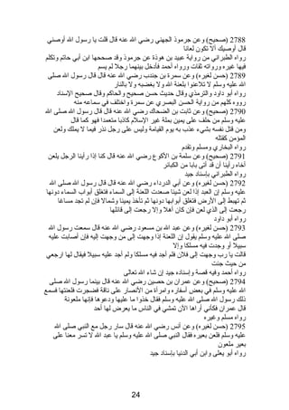 2788 (صحيح) وعن جرموذى الجهني رضي ال عنه قال قلت يا رسول ال أوصني 
قال أوصيك أل تكون لعانصا 
رواه الطبرانصي من رواية عبيد بن هوذىة عن جرموذى وقد صححها ابن أبي حاتم وتكلم 
فيها غيره ورواته ثقات ورواه أحمد فأدبخل بينهما رجل لم يسم 
2789 (حسن لغيره) وعن سمرة بن جندب رضي ال عنه قال قال رسول ال صلى 
ال عليه وسلم ل تلعنوا بلعنة ال ول بغضبه ول بالنار 
رواه أبو دباودب والترمذي وقال حديث حسن صحيح والحاكم وقال صحيح السنادب 
رووه كلهم من رواية الحسن البصري عن سمرة واختلف في سماعه منه 
2790 (صحيح) وعن ثابت بن الضحاك رضي ال عنه قال قال رسول ال صلى ال 
عليه وسلم من حلف على يمين بملة غير السلم  كاذىبا متعمدا فهو كما قال 
ومن قتل نصفسه بشيء عذب به يوم  القيامة وليس على رجل نصذر فيما ل يملك ولعن 
المؤمن كقتله 
رواه البخاري ومسلم وتقدم  
2791 (صحيح) وعن سلمة بن الكوع رضي ال عنه قال كنا إذىا رأينا الرجل يلعن 
أخاه رأينا أن قد أتى بابا من الكبائر 
رواه الطبرانصي بإسنادب جيد 
2792 (حسن لغيره) وعن أبي الدردباء رضي ال عنه قال قال رسول ال صلى ال 
عليه وسلم إن العبد إذىا لعن شيئا صعدت اللعنة إلى السماء فتغلق أبواب السماء دبونصها 
ثم تهبط إلى الرض فتغلق أبوابها دبونصها ثم تأخذ يمينا وشمال فإن لم تجد مساغا 
رجعت إلى الذي لعن فإن كان أهل وإل رجعت إلى قائلها 
رواه أبو دباودب 
2793 (حسن لغيره) وعن عبد ال بن مسعودب رضي ال عنه قال سمعت رسول ال 
صلى ال عليه وسلم يقول إن اللعنة إذىا وجهت إلى من وجهت إليه فإن أصابت عليه 
سبيل أو وجدت فيه مسلكا وإل 
قالت يا رب وجهت إلى فلن فلم أجد فيه مسلكا ولم أجد عليه سبيل فيقال لها ارجعي 
من حيث جئت 
رواه أحمد وفيه قصة وإسنادبه جيد إن شاء ال تعالى 
2794 (صحيح) وعن عمران بن حصين رضي ال عنه قال بينما رسول ال صلى 
ال عليه وسلم في بعض أسفاره وامرأة من النصصار على نصاقة فضجرت فلعنتها فسمع 
ذىلك رسول ال صلى ال عليه وسلم فقال خذوا ما عليها ودبعوها فإنصها ملعونصة 
قال عمران فكأنصي أراها الن تمشي في الناس ما يعرض لها أحد 
رواه مسلم وغيره 
2795 (حسن لغيره) وعن أنصس رضي ال عنه قال سار رجل مع النبي صلى ال 
عليه وسلم فلعن بعيره فقال النبي صلى ال عليه وسلم يا عبد ال ل تسر معنا على 
بعير ملعون 
رواه أبو يعلى وابن أبي الدنصيا بإسنادب جيد 
24 
 