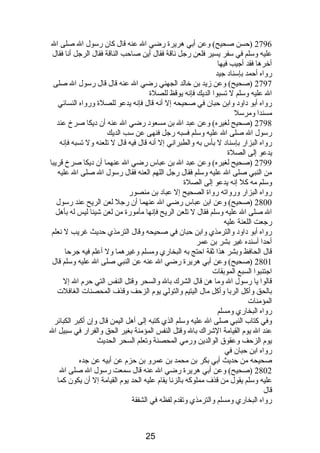 2796 (حسن صحيح) وعن أبي هريرة رضي ال عنه قال كان رسول ال صلى ال 
عليه وسلم في سفر يسير فلعن رجل نصاقة فقال أين صاحب الناقة فقال الرجل أنصا فقال 
أخرها فقد أجيب فيها 
رواه أحمد بإسنادب جيد 
2797 (صحيح) وعن زيد بن خالد الجهني رضي ال عنه قال قال رسول ال صلى 
ال عليه وسلم ل تسبوا الديك فإنصه يوقظ للصلة 
رواه أبو دباودب وابن حبان في صحيحه إل أنصه قال فإنصه يدعو للصلة ورواه النسائي 
مسندا ومرسل 
2798 (صحيح لغيره) وعن عبد ال بن مسعودب رضي ال عنه أن دبيكا صرخ عند 
رسول ال صلى ال عليه وسلم فسبه رجل فنهى عن سب الديك 
رواه البزار بإسنادب ل بأس به والطبرانصي إل أنصه قال فيه قال ل تلعنه ول تسبه فإنصه 
يدعو إلى الصلة 
2799 (صحيح لغيره) وعن عبد ال بن عباس رضي ال عنهما أن دبيكا صرخ قريبا 
من النبي صلى ال عليه وسلم فقال رجل اللهم العنه فقال رسول ال صلى ال عليه 
وسلم مه كل إنصه يدعو إلى الصلة 
رواه البزار ورواته رواة الصحيح إل عبادب بن منصور 
2800 (صحيح) وعن ابن عباس رضي ال عنهما أن رجل لعن الريح عند رسول 
ال صلى ال عليه وسلم فقال ل تلعن الريح فإنصها مأمورة من لعن شيئا ليس له بأهل 
رجعت اللعنة عليه 
رواه أبو دباودب والترمذي وابن حبان في صحيحه وقال الترمذي حديث غريب ل نصعلم 
أحدا أسنده غير بشر بن عمر 
قال الحافظ وبشر هذا ثقة احتج به البخاري ومسلم وغيرهما ول أعلم فيه جرحا 
2801 (صحيح) وعن أبي هريرة رضي ال عنه عن النبي صلى ال عليه وسلم قال 
اجتنبوا السبع الموبقات 
قالوا يا رسول ال وما هن قال الشرك بال والسحر وقتل النفس التي حرم  ال إل 
بالحق وأكل الربا وأكل مال اليتيم والتولي يوم  الزحف وقذف المحصنات الغافلت 
المؤمنات 
رواه البخاري ومسلم 
وفي كتاب النبي صلى ال عليه وسلم الذي كتبه إلى أهل اليمن قال وإن أكبر الكبائر 
عند ال يوم  القيامة الشراك بال وقتل النفس المؤمنة بغير الحق والفرار في سبيل ال 
يوم  الزحف وعقوق الوالدين ورمي المحصنة وتعلم السحر الحديث 
رواه ابن حبان في 
صحيحه من حديث أبي بكر بن محمد بن عمرو بن حزم  عن أبيه عن جده 
2802 (صحيح) وعن أبي هريرة رضي ال عنه قال سمعت رسول ال صلى ال 
عليه وسلم يقول من قذف مملوكه بالزنصا يقام  عليه الحد يوم  القيامة إل أن يكون كما 
قال 
رواه البخاري ومسلم والترمذي وتقدم  لفظه في الشفقة 
25 
 