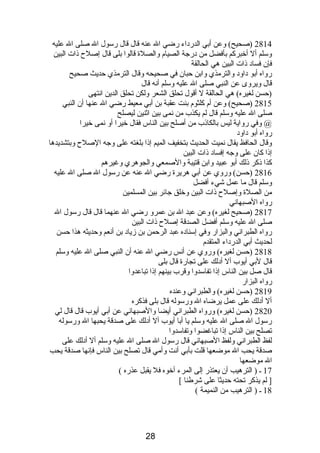 2814 (صحيح) وعن أبي الدردباء رضي ال عنه قال قال رسول ال صلى ال عليه 
وسلم أل أخبركم بأفضل من دبرجة الصيام  والصلة قالوا بلى قال إصلح ذىات البين 
فإن فسادب ذىات البين هي الحالقة 
رواه أبو دباودب والترمذي وابن حبان في صحيحه وقال الترمذي حديث صحيح 
قال ويروى عن النبي صلى ال عليه وسلم أنصه قال 
(حسن لغيره) هي الحالقة ل أقول تحلق الشعر ولكن تحلق الدين انصتهى 
2815 (صحيح) وعن أم  كلثوم  بنت عقبة بن أبي معيط رضي ال عنها أن النبي 
صلى ال عليه وسلم قال لم يكذب من نصمى بين اثنين ليصلح 
@ وفي رواية ليس بالكاذىب من أصلح بين الناس فقال خيرا أو نصمى خيرا 
رواه أبو دباودب 
وقال الحافظ يقال نصميت الحديث بتخفيف الميم إذىا بلغته على وجه الصلح وبتشديدها 
إذىا كان على وجه إفسادب ذىات البين 
كذا ذىكر ذىلك أبو عبيد وابن قتيبة والصمعي والجوهري وغيرهم 
2816 (حسن) وروي عن أبي هريرة رضي ال عنه عن رسول ال صلى ال عليه 
وسلم قال ما عمل شيء أفضل 
من الصلة وإصلح ذىات البين وخلق جائر بين المسلمين 
رواه الصبهانصي 
2817 (صحيح لغيره) وعن عبد ال بن عمرو رضي ال عنهما قال قال رسول ال 
صلى ال عليه وسلم أفضل الصدقة إصلح ذىات البين 
رواه الطبرانصي والبزار وفي إسنادبه عبد الرحمن بن زيادب بن أنصعم وحديثه هذا حسن 
لحديث أبي الدردباء المتقدم  
2818 (حسن لغيره) وروي عن أنصس رضي ال عنه أن النبي صلى ال عليه وسلم 
قال لبي أيوب أل أدبلك على تجارة قال بلى 
قال صل بين الناس إذىا تفاسدوا وقرب بينهم إذىا تباعدوا 
رواه البزار 
2819 (حسن لغيره) والطبرانصي وعنده 
أل أدبلك على عمل يرضاه ال ورسوله قال بلى فذكره 
2820 (حسن لغيره) ورواه الطبرانصي أيضا والصبهانصي عن أبي أيوب قال قال لي 
رسول ال صلى ال عليه وسلم يا أبا أيوب أل أدبلك على صدقة يحبها ال ورسوله 
تصلح بين الناس إذىا تباغضوا وتفاسدوا 
لفظ الطبرانصي ولفظ الصبهانصي قال رسول ال صلى ال عليه وسلم أل أدبلك على 
صدقة يحب ال موضعها قلت بأبي أنصت وأمي قال تصلح بين الناس فإنصها صدقة يحب 
ال موضعها 
17 ـ ( الترهيب أن يعتذر إلى المرء أخوه فل يقبل عذره ) 
[ لم يذكر تحته حديثا على شرطنا ] 
18 ـ ( الترهيب من النميمة ) 
28 
 