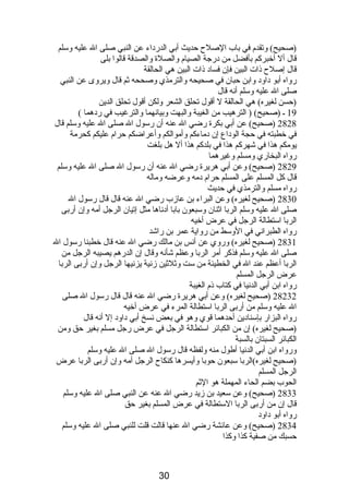 (صحيح) وتقدم  في باب الصلح حديث أبي الدردباء عن النبي صلى ال عليه وسلم 
قال أل أخبركم بأفضل من دبرجة الصيام  والصلة والصدقة قالوا بلى 
قال إصلح ذىات البين فإن فسادب ذىات البين هي الحالقة 
رواه أبو دباودب وابن حبان في صحيحه والترمذي وصححه ثم قال ويروى عن النبي 
صلى ال عليه وسلم أنصه قال 
(حسن لغيره) هي الحالقة ل أقول تحلق الشعر ولكن أقول تحلق الدين 
19 ـ (صحيح) ( الترهيب من الغيبة والبهت وبيانصهما والترغيب في ردبهما ) 
2828 (صحيح) عن أبي بكرة رضي ال عنه أن رسول ال صلى ال عليه وسلم قال 
في خطبته في حجة الودباع إن دبماءكم وأموالكم وأعراضكم حرام  عليكم كحرمة 
يومكم هذا في شهركم هذا في بلدكم هذا أل هل بلغت 
رواه البخاري ومسلم وغيرهما 
2829 (صحيح) وعن أبي هريرة رضي ال عنه أن رسول ال صلى ال عليه وسلم 
قال كل المسلم على المسلم حرام  دبمه وعرضه وماله 
رواه مسلم والترمذي في حديث 
2830 (صحيح لغيره) وعن البراء بن عازب رضي ال عنه قال قال رسول ال 
صلى ال عليه وسلم الربا اثنان وسبعون بابا أدبنصاها مثل إتيان الرجل أمه وإن أربى 
الربا استطالة الرجل في عرض أخيه 
رواه الطبرانصي في الوسط من رواية عمر بن راشد 
2831 (صحيح لغيره) وروي عن أنصس بن مالك رضي ال عنه قال خطبنا رسول ال 
صلى ال عليه وسلم فذكر أمر الربا وعظم شأنصه وقال إن الدرهم يصيبه الرجل من 
الربا أعظم عند ال في الخطيئة من ست وثلثين زنصية يزنصيها الرجل وإن أربى الربا 
عرض الرجل المسلم 
رواه ابن أبي الدنصيا في كتاب ذىم  الغيبة 
28232 (صحيح لغيره) وعن أبي هريرة رضي ال عنه قال قال رسول ال صلى 
ال عليه وسلم من أربى الربا استطالة المرء في عرض أخيه 
رواه البزار بإسنادبين أحدهما قوي وهو في بعض نصسخ أبي دباودب إل أنصه قال 
(صحيح لغيره) إن من الكبائر استطالة الرجل في عرض رجل مسلم بغير حق ومن 
الكبائر السبتان بالسبة 
ورواه ابن أبي الدنصيا أطول منه ولفظه قال رسول ال صلى ال عليه وسلم 
(صحيح لغيره)الربا سبعون حوبا وأيسرها كنكاح الرجل أمه وإن أربى الربا عرض 
الرجل المسلم 
الحوب بضم الحاء المهملة هو الثم 
2833 (صحيح) وعن سعيد بن زيد رضي ال عنه عن النبي صلى ال عليه وسلم 
قال إن من أربى الربا الستطالة في عرض المسلم بغير حق 
رواه أبو دباودب 
2834 (صحيح) وعن عائشة رضي ال عنها قالت قلت للنبي صلى ال عليه وسلم 
حسبك من صفية كذا وكذا 
30 
 