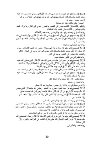2932 (صحيح) وعن ابن مسعودب رضي ال عنه قال قال رسول ال صلى ال عليه 
وسلم عليكم بالصدق فإن الصدق يهدي إلى البر والبر يهدي إلى الجنة وما يزال 
الرجل يصدق ويتحرى 
الصدق حتى يكتب عند ال صديقا 
وإياكم والكذب فإن الكذب يهدي إلى الفجور والفجور يهدي إلى النار وما يزال العبد 
يكذب ويتحرى الكذب حتى يكتب عند ال كذابا 
رواه البخاري ومسلم وأبو دباودب والترمذي وصححه واللفظ له 
2933 (صحيح) وعن أبي بكر الصديق رضي ال عنه قال قال رسول ال صلى ال 
عليه وسلم عليكم بالصدق فإنصه مع البر وهما في الجنة وإياكم والكذب فإنصه مع الفجور 
وهما في النار 
رواه ابن حبان في صحيحه 
2934 (صحيح لغيره) وعن معاوية بن أبي سفيان رضي ال عنهما قال قال رسول 
ال صلى ال عليه وسلم عليكم بالصدق فإنصه يهدي إلى البر وهما في الجنة وإياكم 
والكذب فإنصه يهدي إلى الفجور وهما في النار 
رواه الطبرانصي في الكبير بإسنادب حسن 
2935 (صحيح) وعن سمرة بن جندب رضي ال عنه قال قال النبي صلى ال عليه 
وسلم رأيت الليلة رجلين أتيانصي قال لي الذي رأيته يشق شدقه فكذاب يكذب الكذبة 
فتحمل عنه حتى تبلغ الفاق فيصنع به هكذا إلى يوم  القيامة 
رواه البخاري هكذا مختصرا في الدبب من صحيحه وتقدم  بطوله في ترك الصلة 
2936 (صحيح) وعن أبي هريرة رضي ال عنه قال قال رسول ال صلى ال عليه 
وسلم آية المنافق ثلث إذىا 
حدث كذب وإذىا وعد أخلف وإذىا عاهد غدر 
رواه البخاري ومسلم 
وزادب في مسلم في رواية له وإن صلى وصام  وزعم أنصه مسلم 
2937 (صحيح) وعن عبد ال بن عمرو بن العاص رضي ال عنهما أن النبي صلى 
ال عليه وسلم قال أربع من كن فيه كان منافقا خالصا ومن كان فيه خصلة منهن 
كانصت فيه خصلة النفاق حتى يدعها إذىا ائتمن خان وإذىا حدث كذب وإذىا عاهد غدر 
وإذىا خاصم فجر 
رواه البخاري ومسلم وأبو دباودب والترمذي والنسائي 
2938 (حسن لغيره) وعن أنصس بن مالك رضي ال عنه قال سمعت رسول ال صلى 
ال عليه وسلم يقول ثلث من كن فيه فهو منافق وإن صام  وصلى وحج واعتمر وقال 
إنصي مسلم إذىا حدث كذب وإذىا وعد أخلف وإذىا ائتمن خان 
رواه أبو يعلى من رواية الرقاشي وقد وثق ول بأس به في المتابعات 
2939 (صحيح لغيره) وعن أبي هريرة رضي ال عنه قال قال رسول ال صلى ال 
عليه وسلم ل يؤمن العبد اليمان كله حتى يترك الكذب في المزاحة والمراء وإن 
كان صادبقا 
رواه أحمد والطبرانصي 
50 
 