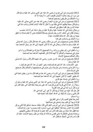3012 (حسن) وعن أبي هريرة رضي ال عنه عن النبي صلى ال عليه وسلم قال 
من سره أن يجد حلوة اليمان فليحب المرء ل يحبه إل ل 
رواه الحاكم من طريقين وصحح أحدهما 
3013 (صحيح ) وعن أبي هريرة أيضا رضي ال عنه عن النبي صلى ال عليه 
وسلم قال سبعة يظلهم ال في ظله يوم  ل ظل إل ظله المام  العادل وشاب نشأ في 
عبادة ال ورجل قلبه معلق في المساجد 
ورجلن تحابا في ال اجتمعا عليه وتفرقا عليه ورجل دعته امرأة ذات منصب 
وجمال فقال إني أخاف ال ورجل تصدق بصدقة فأخفاها حتى ل تعلم شماله ما تنفق 
يمينه ورجل ذكر ال خاليا ففاضت عيناه 
رواه البخاري ومسلم وغيرهما 
3014 (حسن صحيح) وعن أنس بن مالك رضي ال عنه قال قال رسول ال صلى 
ال عليه وسلم ما تحاب رجلن في ال إل كان أحبهما إلى ال عز وجل أشدهما حبا 
لصاحبه 
رواه الطبراني وأبو يعلى ورواته رواة الصحيح إل مبارك بن فضالة ورواه ابن 
حبان في صحيحه والحاكم إل أنهما قال كان أفضلهما أشدهما حبا لصاحبه 
وقال الحاكم صحيح السناد 
3015 (صحيح ) وعن عبد ال بن عمرو رضي ال عنهما قال قال رسول ال صلى 
ال عليه وسلم 
خير الصحاب عند ال خيرهم لصاحبه وخير الجيران عند ال خيرهم لجاره 
رواه الترمذي وحسنه وابن خزيمة وابن حبان في صحيحيهما والحاكم وقال صحيح 
على شرط مسلم 
3016 (صحيح ) وعن أبي الدرداء رضي ال عنه يرفعه قال ما من رجلين تحابا في 
ال بظهر الغيب إل كان أحبهما إلى ال أشدهما حبا لصاحبه 
رواه الطبراني بإسناد جيد قوي 
3017 (صحيح ) وعن أبي هريرة رضي ال عنه عن النبي صلى ال عليه وسلم أن 
رجل زار أخا له في قرية أخرى فأرصد ال على مدرجته ملكا فلما أتى عليه قال أين 
تريد قال أريد أخا لي في هذه القرية 
قال هل لك عليه من نعمة تربها قال ل غير أني أحبه في ال 
قال فإني رسول ال إليك إن ال قد أحبك كما أحببته فيه 
رواه مسلم 
المدرجة بفتح الميم والراء هي الطريق 
قوله تربها أي تقوم  بها وتسعى في صلحها 
3018 (صحيح ) وعن أبي إدريس الخولني قال دخلت مسجد دمشق فإذا فتى براق 
الثنايا وإذا الناس معه فإذا اختلفوا في شيء أسندوه إليه وصدروا عن رأيه فسألت 
عنه فقيل هذا معاذ بن جبل فلما كان من الغد هجرت فوجدته قد سبقني بالتهجير 
ووجدته يصلي فانتظرته حتى قضى صلته ثم جئته من قبل وجهه فسلمت عليه ثم 
قلت له وال إني لحبك ل فقال آل 
64 
 