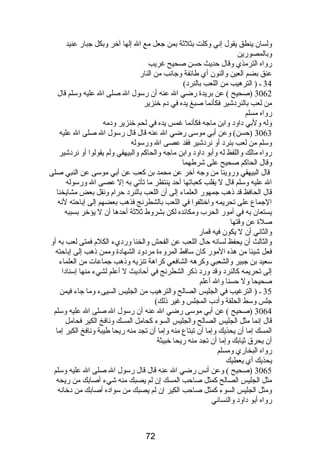 ولسان ينطق يقول إني وكلت بثلثة بمن جعل مع ال إلها آخر وبكل جبار عنيد 
وبالمصورين 
رواه الترمذي وقال حديث حسن صحيح غريب 
عنق بضم العين والنون أي طائفة وجانب من النار 
34 ـ ( الترهيب من اللعب بالنرد) 
3062 (صحيح ) عن بريدة رضي ال عنه أن رسول ال صلى ال عليه وسلم قال 
من لعب بالنردشير فكأنما صبغ يده في دم  خنزير 
رواه مسلم 
وله ولبي داود وابن ماجه فكأنما غمس يده في لحم خنزير ودمه 
3063 (حسن) وعن أبي موسى رضي ال عنه قال قال رسول ال صلى ال عليه 
وسلم من لعب بنرد أو نردشير فقد عصى ال ورسوله 
رواه مالك واللفظ له وأبو داود وابن ماجه والحاكم والبيهقي ولم يقولوا أو نردشير 
وقال الحاكم صحيح على شرطهما 
قال البيهقي وروينا من وجه آخر عن محمد بن كعب عن أبي موسى عن النبي صلى 
ال عليه وسلم قال ل يقلب كعباتها أحد ينتظر ما تأتي به إل عصى ال ورسوله 
قال الحافظ قد ذهب جمهور العلماء إلى أن اللعب بالنرد حرام  ونقل بعض مشايخنا 
الجماع على تحريمه واختلفوا في اللعب بالشطرنج فذهب بعضهم إلى إباحته لنه 
يستعان به في أمور الحرب ومكائده لكن بشروط ثلثة أحدها أن ل يؤخر بسببه 
صلة عن وقتها 
والثاني أن ل يكون فيه قمار 
والثالث أن يحفظ لسانه حال اللعب عن الفحش والخنا ورديء الكلم  فمتى لعب به أو 
فعل شيئا من هذه المور كان ساقط المروءة مردود الشهادة وممن ذهب إلى إباحته 
سعيد بن جبير والشعبي وكرهه الشافعي كراهة تنزيه وذهب جماعات من العلماء 
إلى تحريمه كالنرد وقد ورد ذكر الشطرنج في أحاديث ل أعلم لشيء منها إسنادا 
صحيحا ول حسنا وال أعلم 
35 ـ ( الترغيب في الجليس الصالح والترهيب من الجليس السيىء وما جاء فيمن 
جلس وسط الحلقة وأدب المجلس وغير ذلك) 
3064 (صحيح ) عن أبي موسى رضي ال عنه أن رسول ال صلى ال عليه وسلم 
قال إنما مثل الجليس الصالح والجليس السوء كحامل المسك ونافخ الكير فحامل 
المسك إما أن يحذيك وإما أن تبتاع منه وإما أن تجد منه ريحا طيبة ونافخ الكير إما 
أن يحرق ثيابك وإما أن تجد منه ريحا خبيثة 
رواه البخاري ومسلم 
يحذيك أي يعطيك 
3065 (صحيح ) وعن أنس رضي ال عنه قال قال رسول ال صلى ال عليه وسلم 
مثل الجليس الصالح كمثل صاحب المسك إن لم يصبك منه شيء أصابك من ريحه 
ومثل الجليس السوء كمثل صاحب الكير إن لم يصبك من سواده أصابك من دخانه 
رواه أبو داود والنسائي 
72 
 
