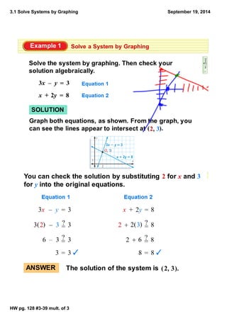 3.1 Solve Systems by Graphing 
HW pg. 128 #3­39 
mult. of 3 
September 19, 2014 
 
