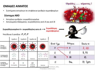 ΟΜΑΔΕΣ ΑΙΜΑΤΟΣ 
• Συστήματα αντιγόνων σε επιφάνεια ερυθρών αιμοσφαιρίων 
Σύστημα ΑΒΟ 
• Αντιγόνα ερυθρών: συγκολλητινογόνα 
• Αντισώματα πλάσματος: συγκολλητίνες αντί-Α και αντί-Β 
Συγκολλητινογόνο Α + συγκολλητίνη αντι-Α 
Υπεύθυνα 3 γονίδια : ΙΑ, ΙΒ, Ι0 
Συγκόλληση 
αιμοσφαιρίων 
Δημήτρης Καρατζάς, Βιολόγος, MSc, 
Υποψήφιος Διδάκτορας 
 