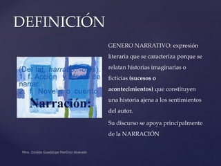 GENERO NARRATIVO: expresión 
literaria que se caracteriza porque se 
relatan historias imaginarias o 
ficticias (sucesos o...