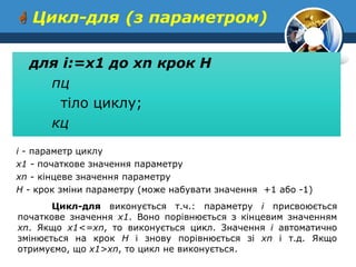  Цикл-для (з параметром) 
для i:=x1 до xn крок Н 
пц 
тіло циклу; 
кц 
і - параметр циклу 
х1 - початкове значення параметру 
xn - кінцеве значення параметру 
H - крок зміни параметру (може набувати значення +1 або -1) 
Цикл-для виконується т.ч.: параметру і присвоюється початкове значення х1. Воно порівнюється з кінцевим значенням xn. Якщо х1<=xn, то виконується цикл. Значення і автоматично змінюється на крок Н і знову порівнюється зі xn і т.д. Якщо отримуємо, що x1>xn, то цикл не виконується.  