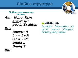 Лінійна структура 
Лінійна структура має вигляд: 
Алг Коло_Круг 
арг R: ціл 
рез L, S: дійсн 
Поч 
Ввести R 
L : = 2 R 
S : =  R2 
Вивід L 
Вивід S 
Кін 
Завдання. 
Складіть блок-схему до даної задачі. Сформу- люйте умову задачі  