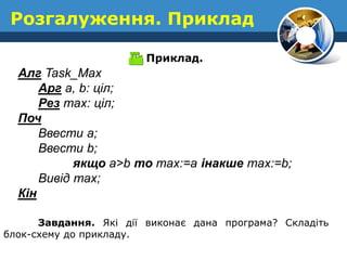 Розгалуження. Приклад 
 Приклад. 
Алг Task_Max 
Арг a, b: ціл; 
Рез max: ціл; 
Поч 
Ввести a; 
Ввести b; 
якщо a>b то max:=a інакше max:=b; 
Вивід max; 
Кін 
Завдання. Які дії виконає дана програма? Складіть блок-схему до прикладу.  
