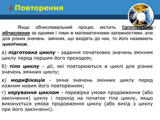  Повторення 
Якщо обчислювальний процес мiстить багаторазове обчислення за одними i тими ж математичними залежностями, але для рiзних значень змiнних, що входять до них, то його називають циклiчним. 
а) пiдготовка циклу - задання початкових значень змiнним циклу перед першим його проходом; 
б) тiло циклу - дiї, якi повторюються в циклi для рiзних значень змiнних циклу; 
в) модифiкацiя - змiна значень змiнних циклу перед кожним новим його повторенням; 
г) керування циклом - перевiрка умови продовження (або закiнчення) циклу i перехiд на початок тiла циклу, якщо виконується умова продовження циклу (або вихiд з циклу при його закiнченнi).  